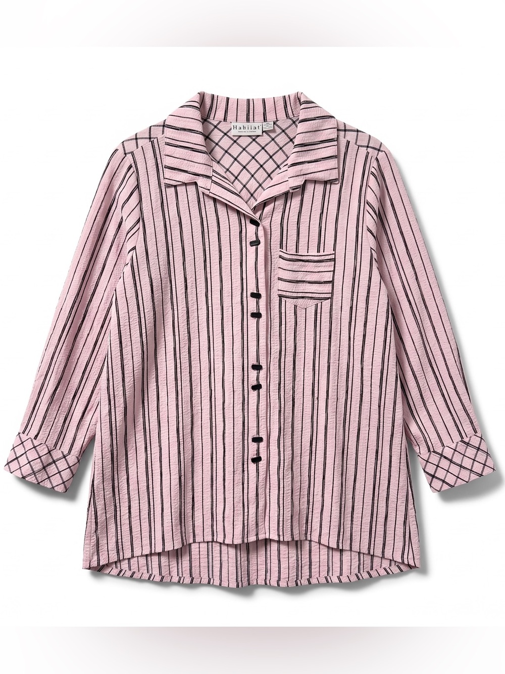 Habitat Clothes to Live In Shirt Womens L Pink Black Puckered Hi Low Button Up